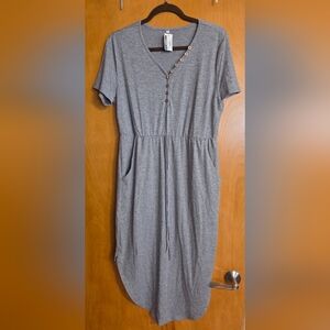 Stylish Gray V-Neck Buttoned Midi Dress